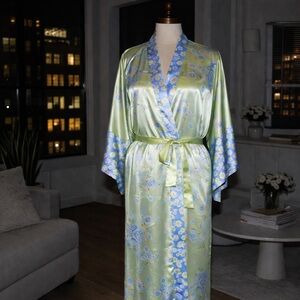 Oscar de la Renta Elegant Floral Satin Robe - Light Blue and Green